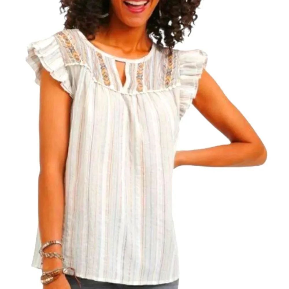 EC DEMOCRACY BOHO STRIPPED FLUTTER SLEEVE TOP WHITE MULTI SZ. S